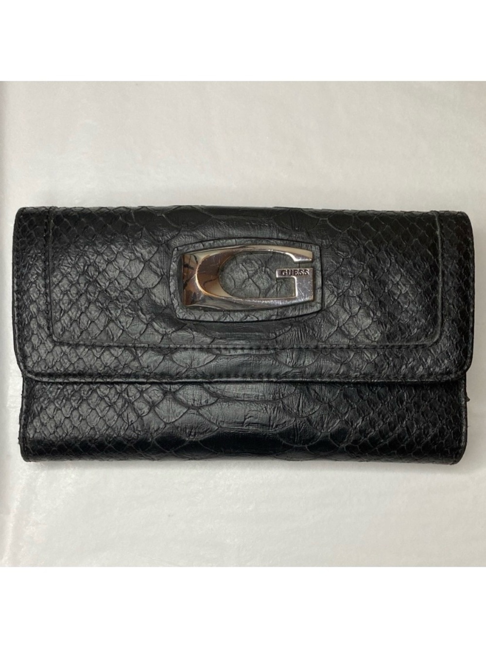 Guess Y2K McBling Black Faux Croc Wallet G Logo Snap Clutch 7.5”X 4”